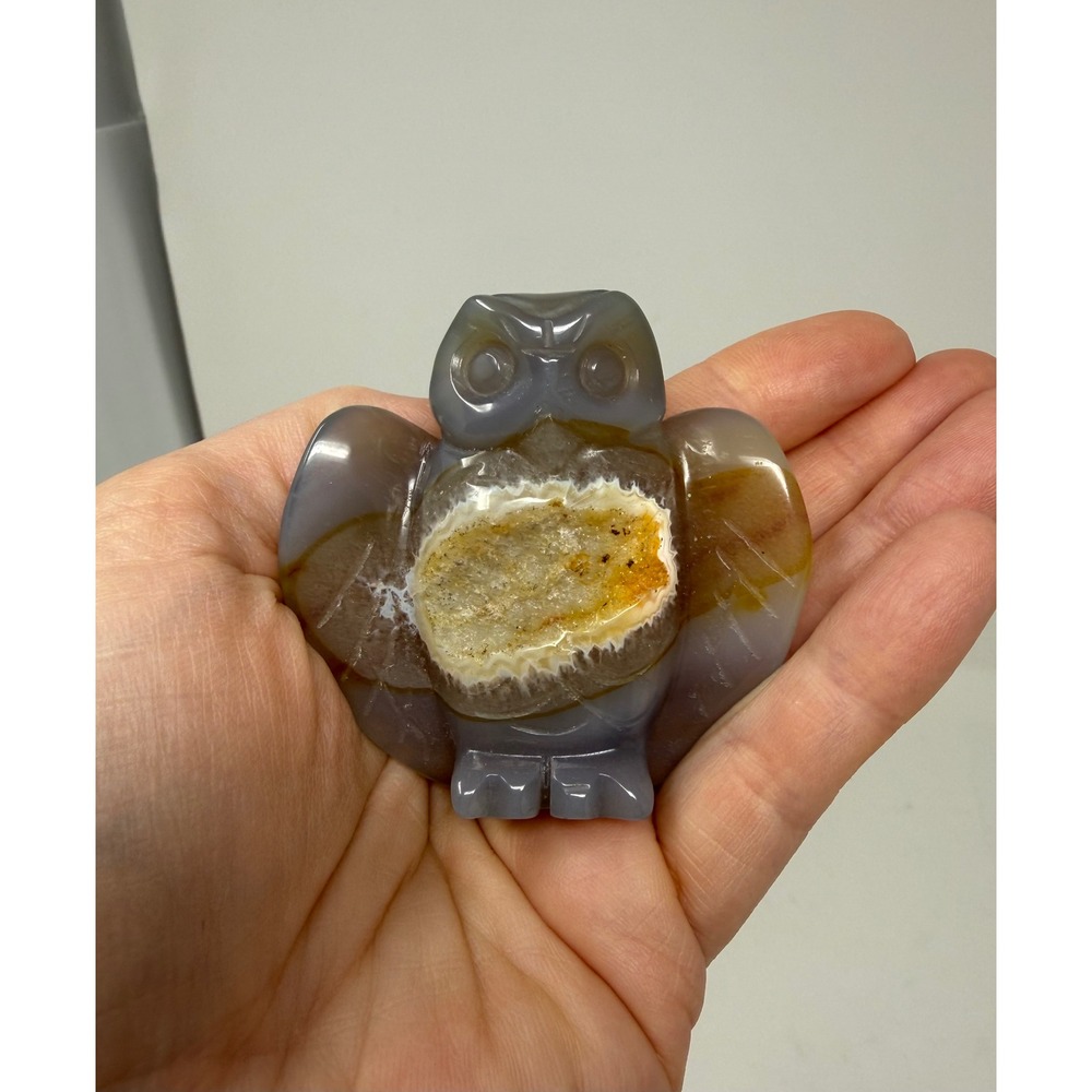 Hand Carved‎ Agate Owl Figurine Druzy Geode Center Grey Stone Sculpture 2.3"